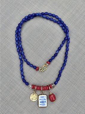 New Blue Beaded Charm Necklace with Red Accents